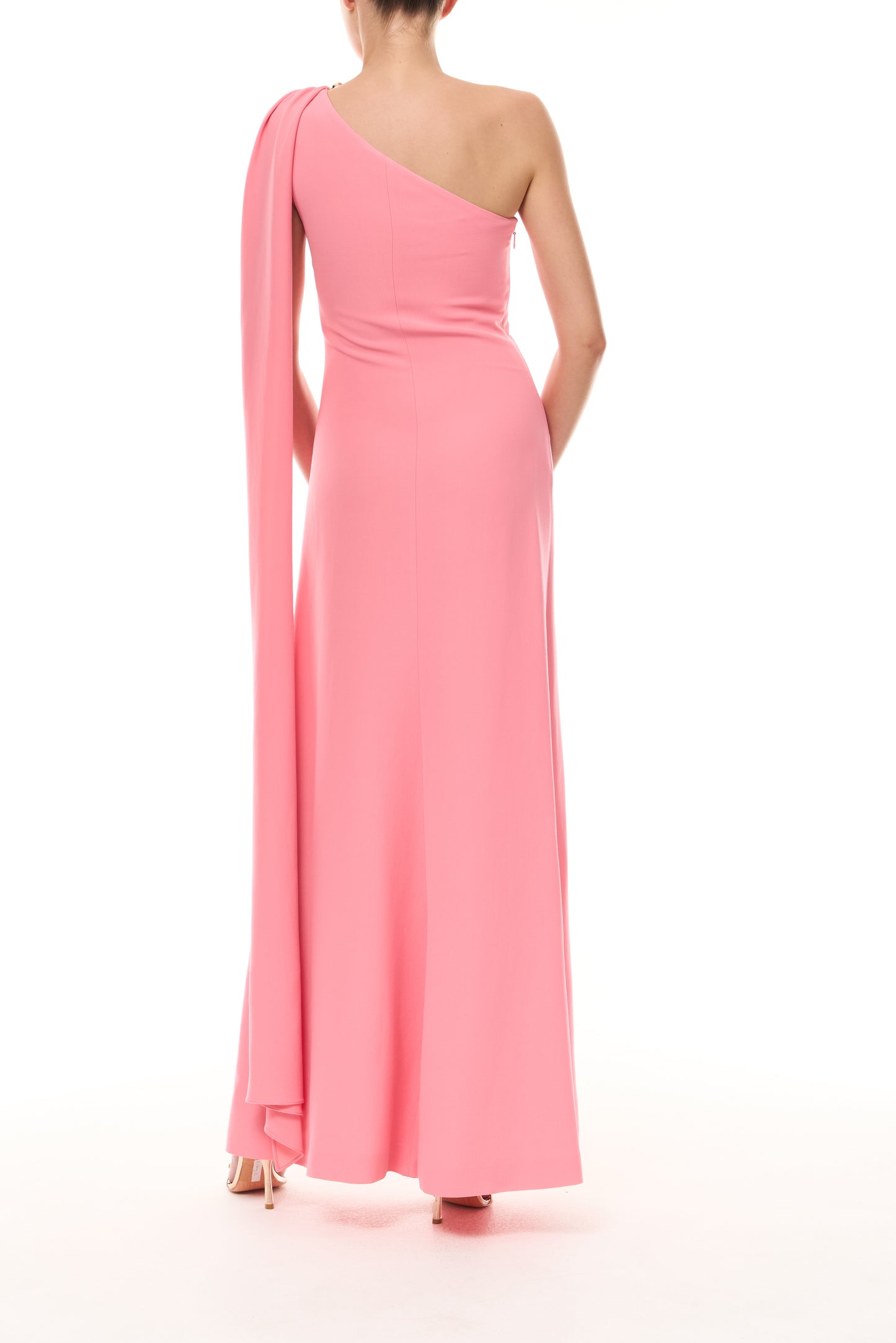 Monique Lhuillier Spring 2026 Plumeria Lighweight Silk Wool Suiting One shoulder draped gown with gold ball piercing -back.