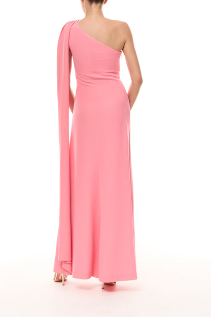 Monique Lhuillier Spring 2026 Plumeria Lighweight Silk Wool Suiting One shoulder draped gown with gold ball piercing -back.
