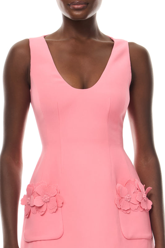 Monique Lhuillier Spring 2026 Plumeria Lightweight Silk Wool Suiting Scoop neck dress with floral pockets - fabric.