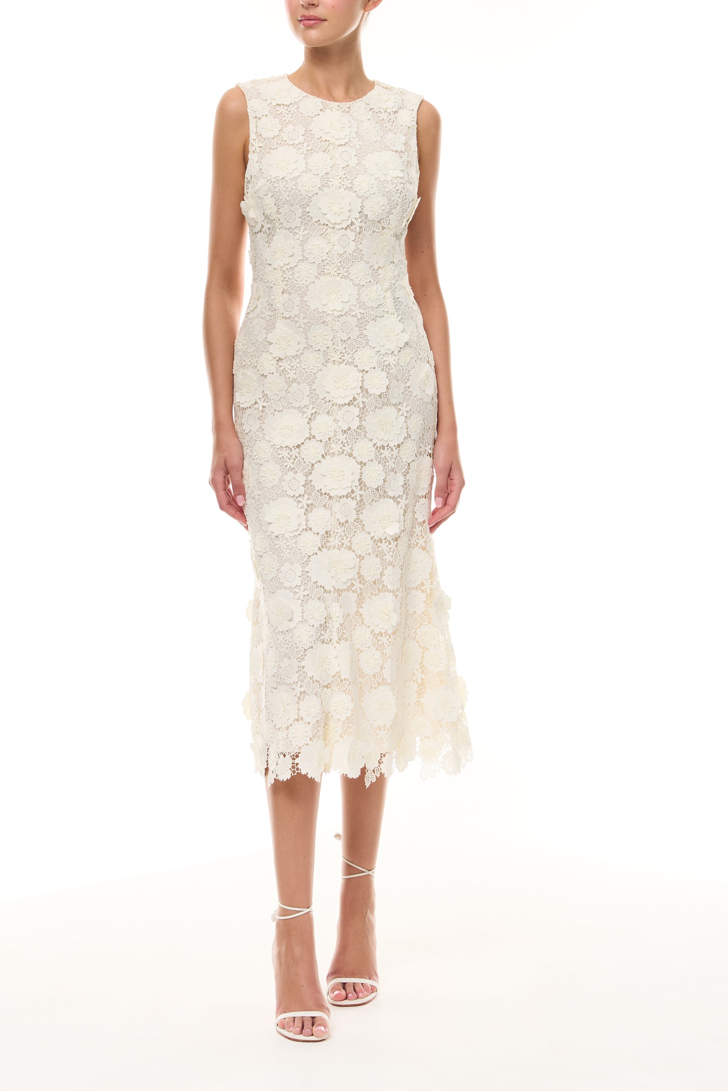 Monique Lhuillier Spring 2026 Ivory Three-dimensional floral lace sleeveless midi dress - front.