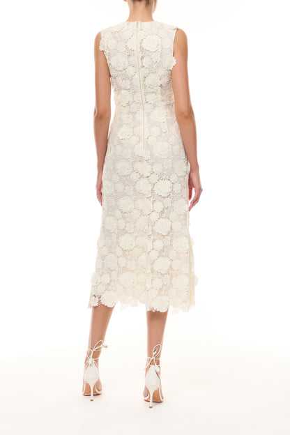 Monique Lhuillier Spring 2026 Ivory Three-dimensional floral lace sleeveless midi dress - back.