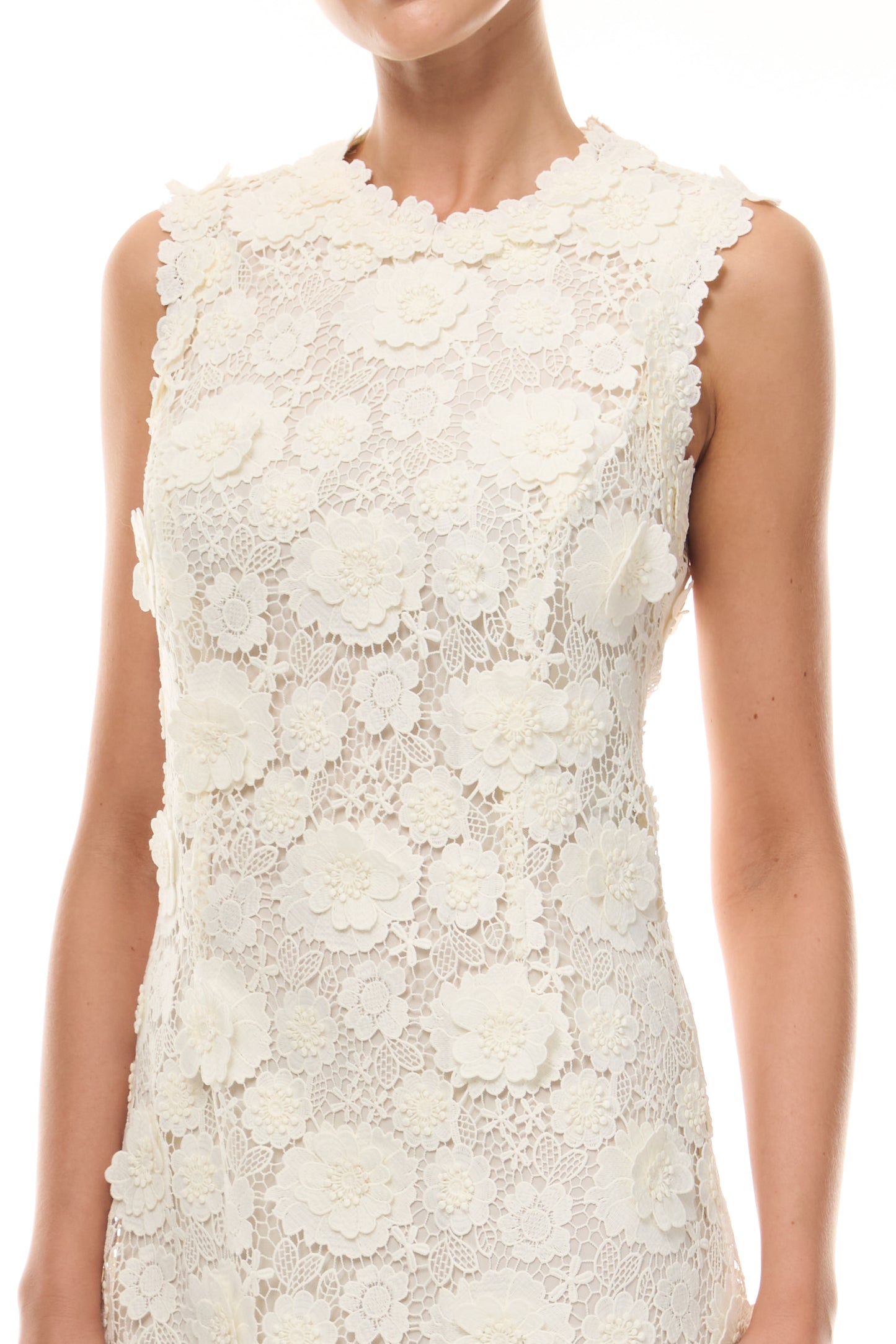 Monique Lhuillier Spring 2026 Ivory Three-dimensional floral lace sleeveless shift dress - fabric.