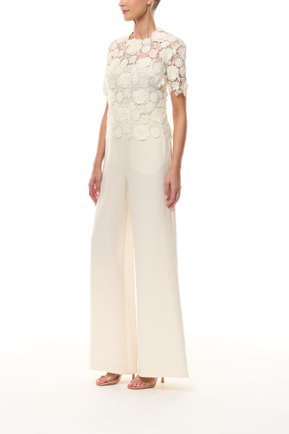 Monique Lhuillier Spring 2026 Ivory three dimensional floral lace Short sleeve blouse
with separate camisole -side.
