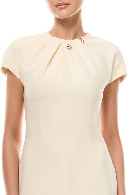 Monique Lhuillier Spring 2026 Ivory Lightweight Silk Wool Suiting Draped neckline dress with gold ball piercing - fabric