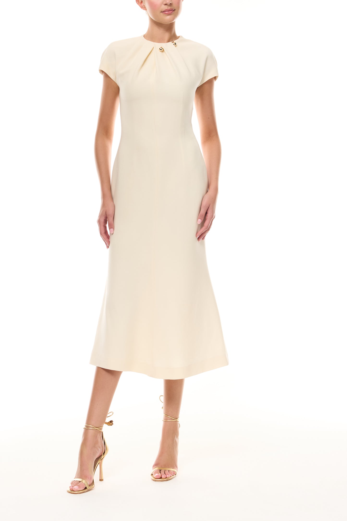 Monique Lhuillier Spring 2026 Ivory Lightweight Silk Wool Suiting Draped neckline dress with gold ball piercing - front.