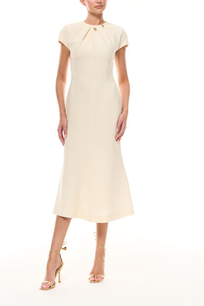 Monique Lhuillier Spring 2026 Ivory Lightweight Silk Wool Suiting Draped neckline dress with gold ball piercing - front.