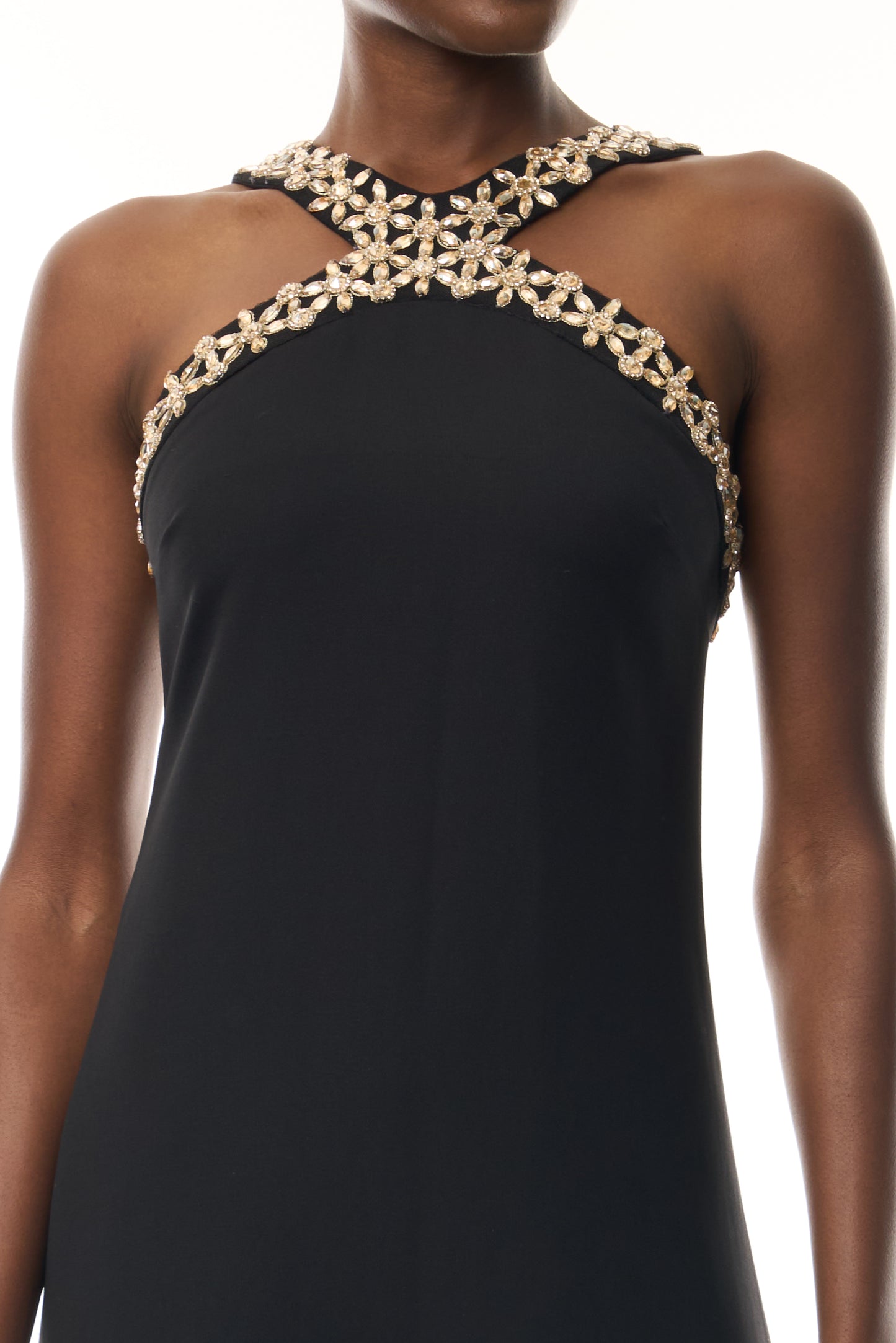 Monique Lhuillier Spring 2026 Noir Lightweight Silk Wool Suiting Cut - away neckline with gold crystal embroidery - fabric.