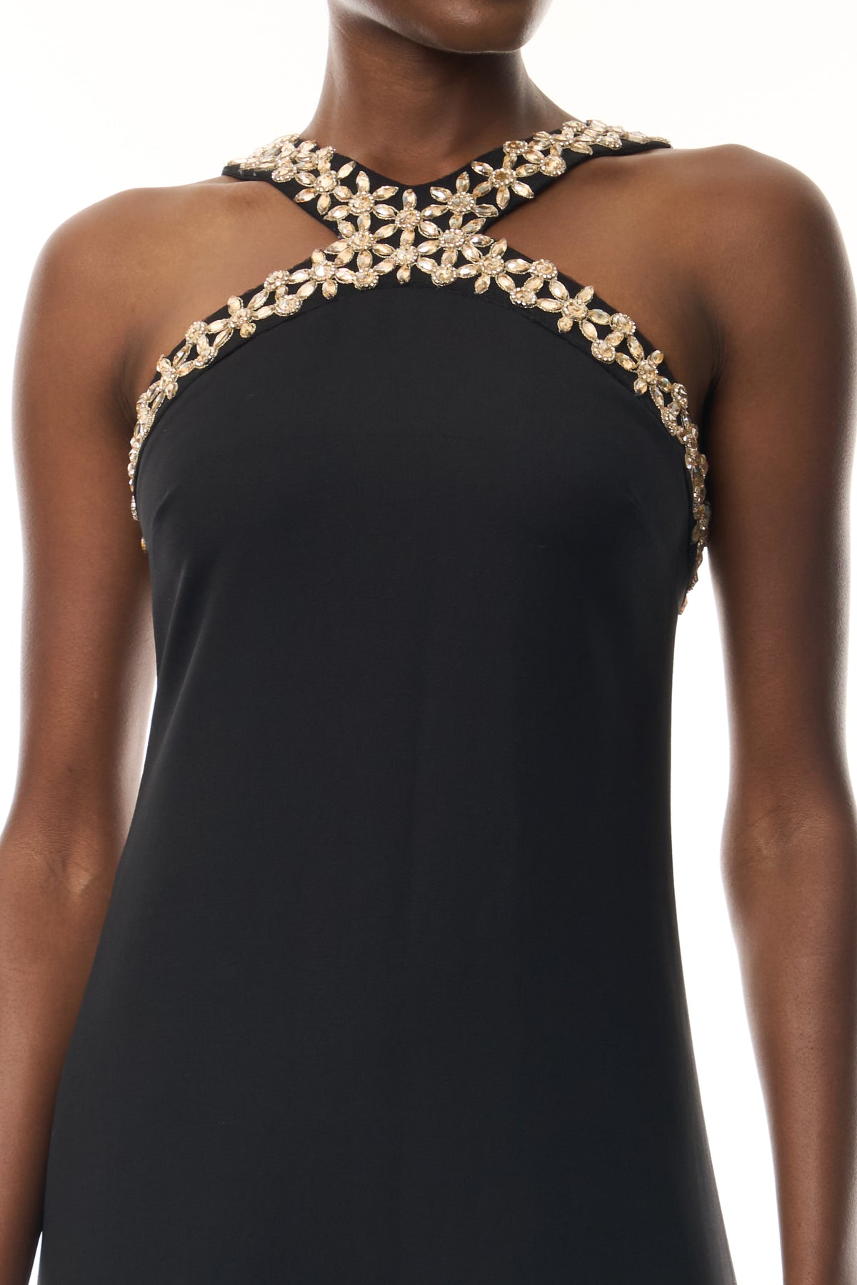Monique Lhuillier Spring 2026 Noir Lightweight Silk Wool Suiting Cut - away neckline with gold crystal embroidery - fabric.