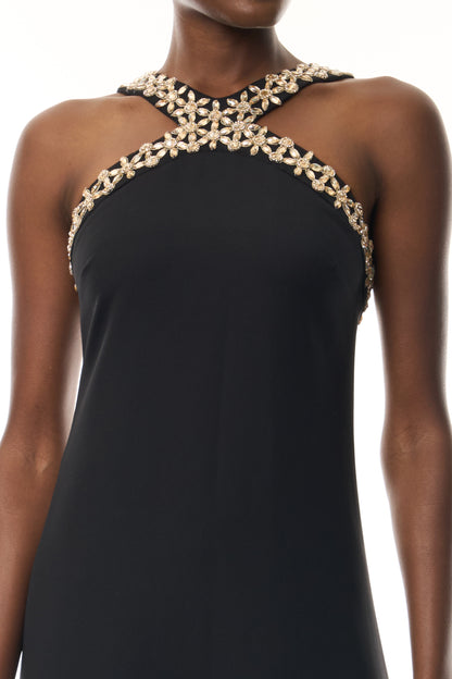 Monique Lhuillier Spring 2026 Noir Lightweight Silk Wool Suiting Cut - away neckline with gold crystal embroidery - fabric.