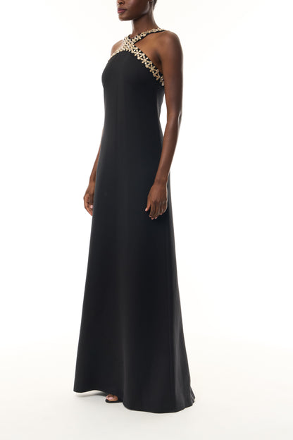 Monique Lhuillier Spring 2026 Noir Lightweight Silk Wool Suiting Cut - away neckline with gold crystal embroidery - side.
