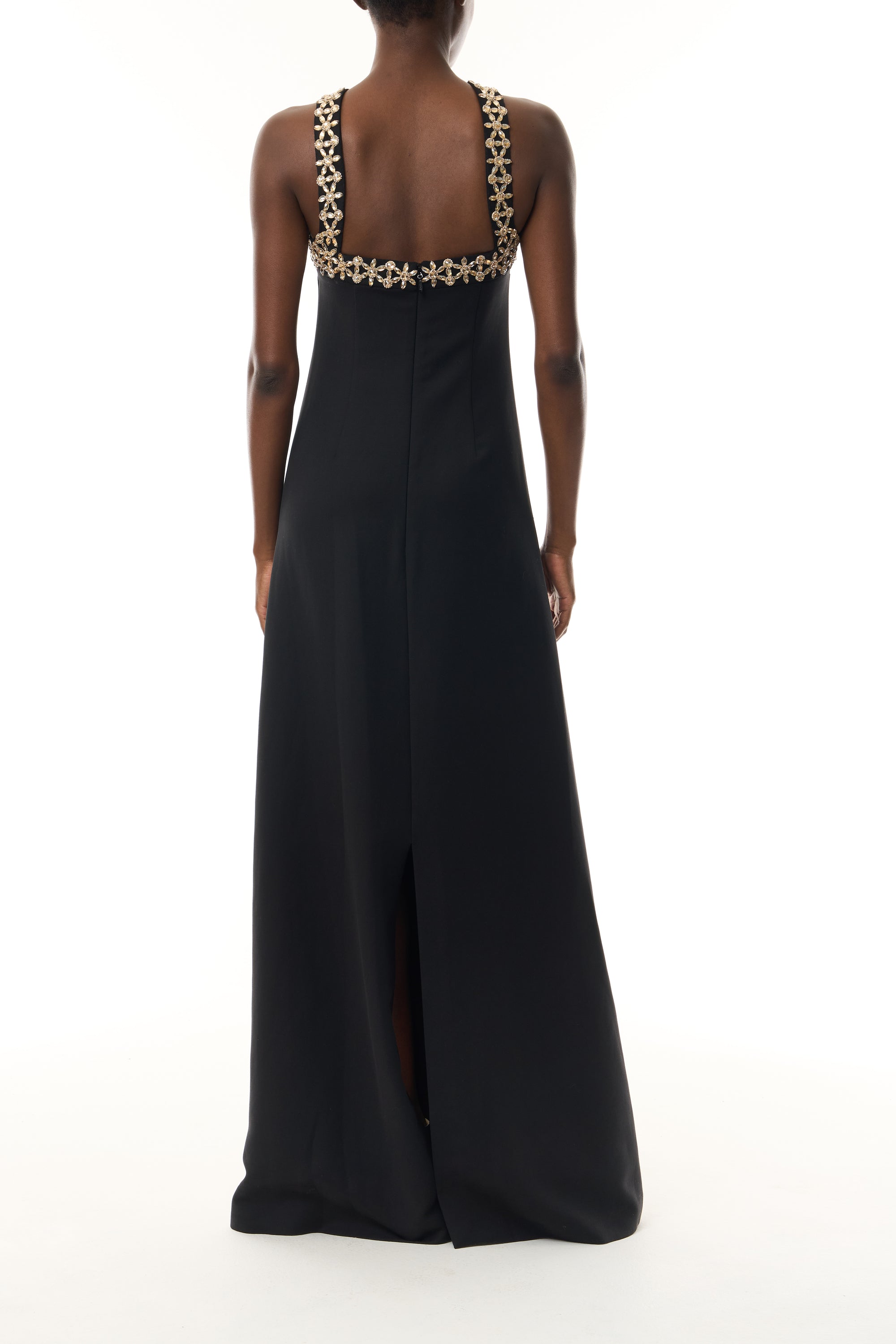 Monique Lhuillier Spring 2026 Noir Lightweight Silk Wool Suiting Cut - away neckline with gold crystal embroidery - back.