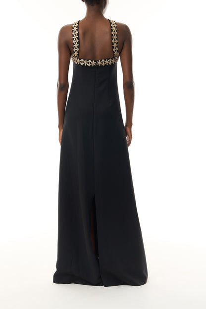 Monique Lhuillier Spring 2026 Noir Lightweight Silk Wool Suiting Cut - away neckline with gold crystal embroidery - back.
