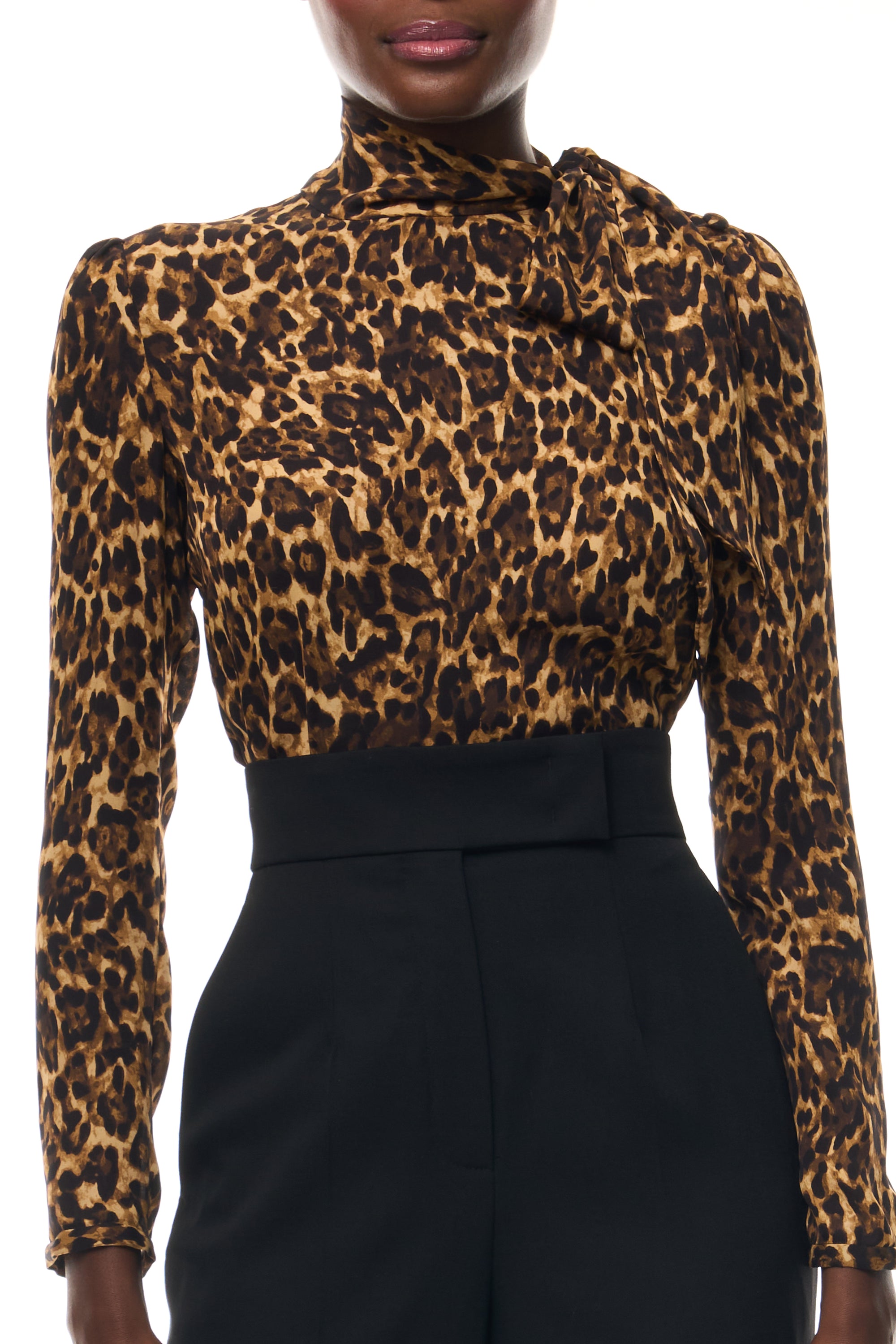 Monique Lhuillier Spring 2026 Leopard Printed Georgette scarf neck blouse - fabric.