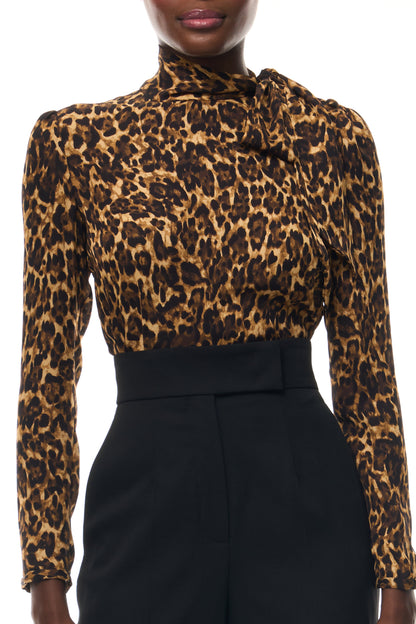 Monique Lhuillier Spring 2026 Leopard Printed Georgette scarf neck blouse - fabric.
