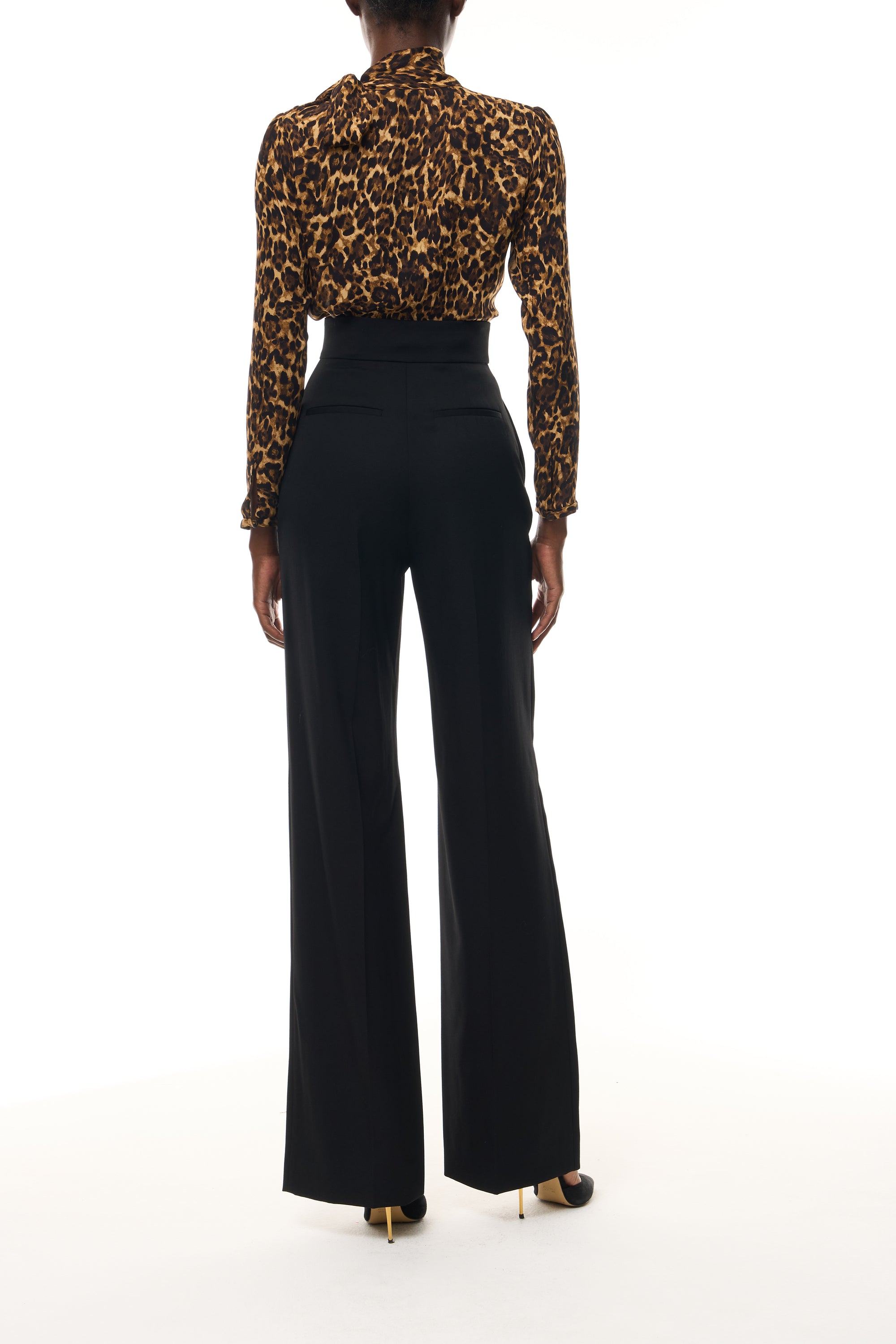 Monique Lhuillier Spring 2026 Leopard Printed Georgette scarf neck blouse - back.
