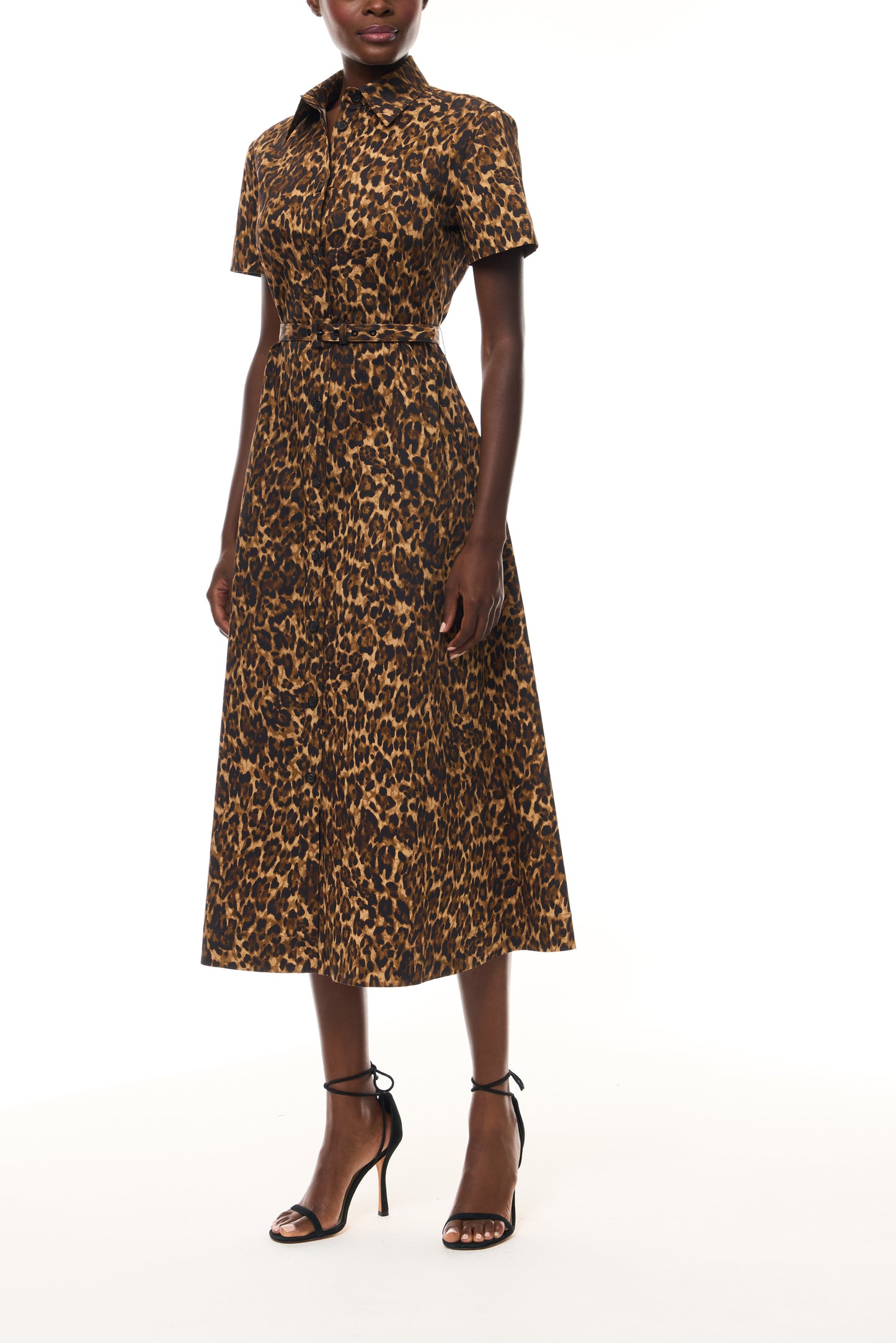 Monique Lhuillier Spring 2026 Leopard Printed Cotton Poplin short sleeve shirt
dress with belt - side.