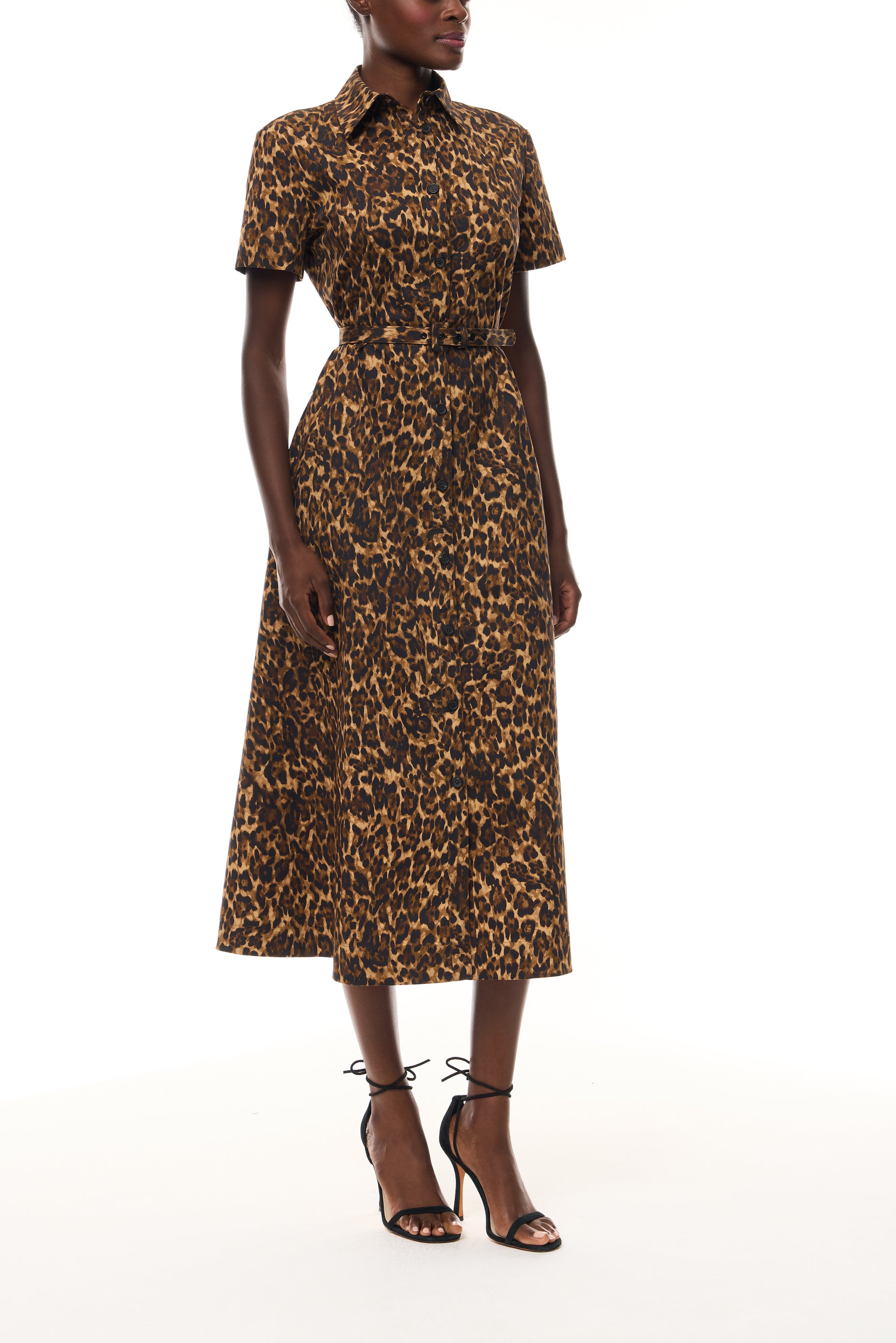 Monique Lhuillier Spring 2026 Leopard Printed Cotton Poplin short sleeve shirt
dress with belt -  side.