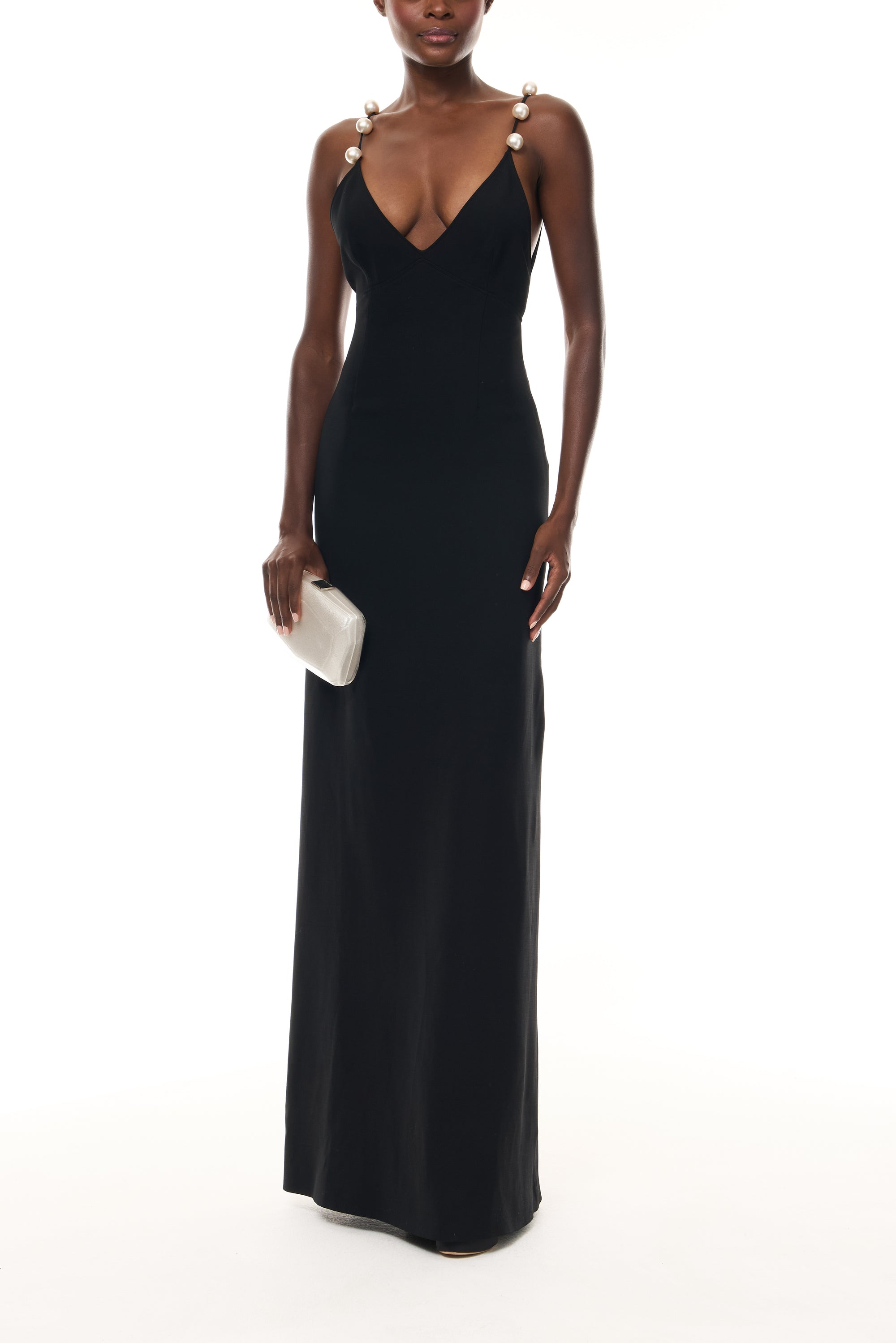 Monique Lhuillier Spring 2026 Noir Lightweight Silk Wool Suiting A - line V -neck gown with pearl ball straps - front with Crystal Dust Dasha Minaudière
