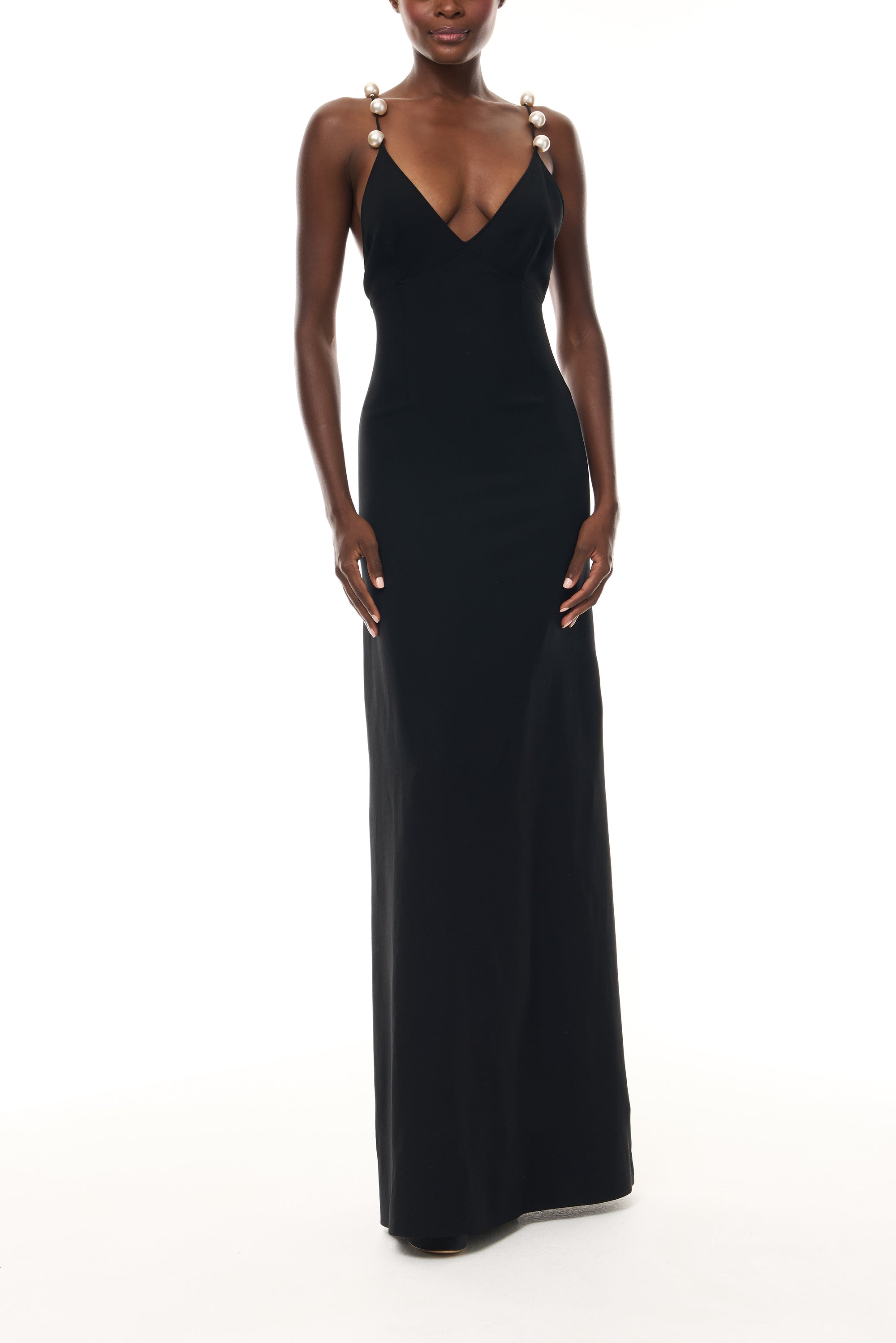 Monique Lhuillier Spring 2026 Noir Lightweight Silk Wool Suiting A - line V -neck gown with pearl ball straps - front.