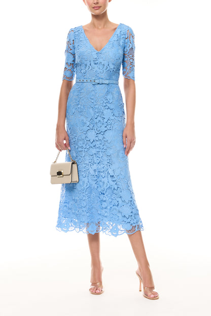 Monique Lhuillier Spring 2026 Bluebelle Floral Lace Short sleeve V-neck midi dress
with belt - front with Cream Rhea Mini Shoulder Bag.