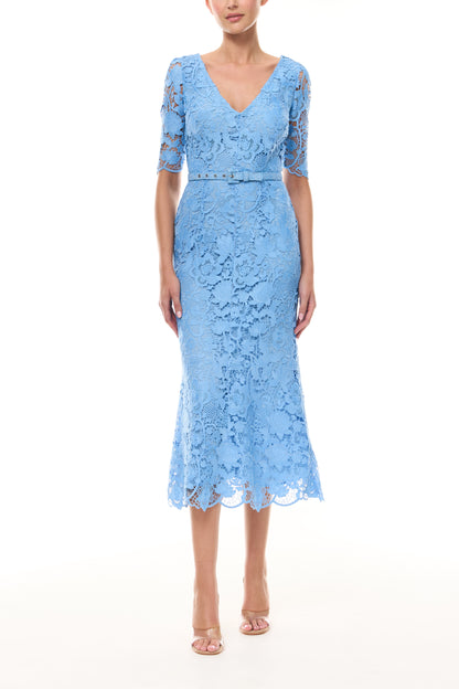 Monique Lhuillier Spring 2026 Bluebelle Floral Lace Short sleeve V-neck midi dress
with belt - front.