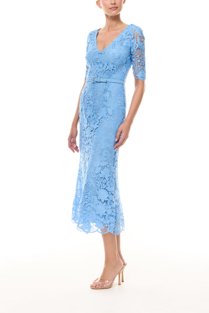 Monique Lhuillier Spring 2026 Bluebelle Floral Lace Short sleeve V-neck midi dress
with belt -  side.