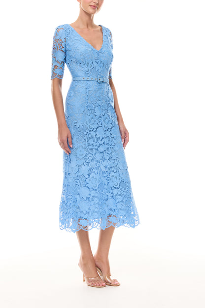 Monique Lhuillier Spring 2026 Bluebelle Floral Lace Short sleeve V-neck midi dress
with belt - side.