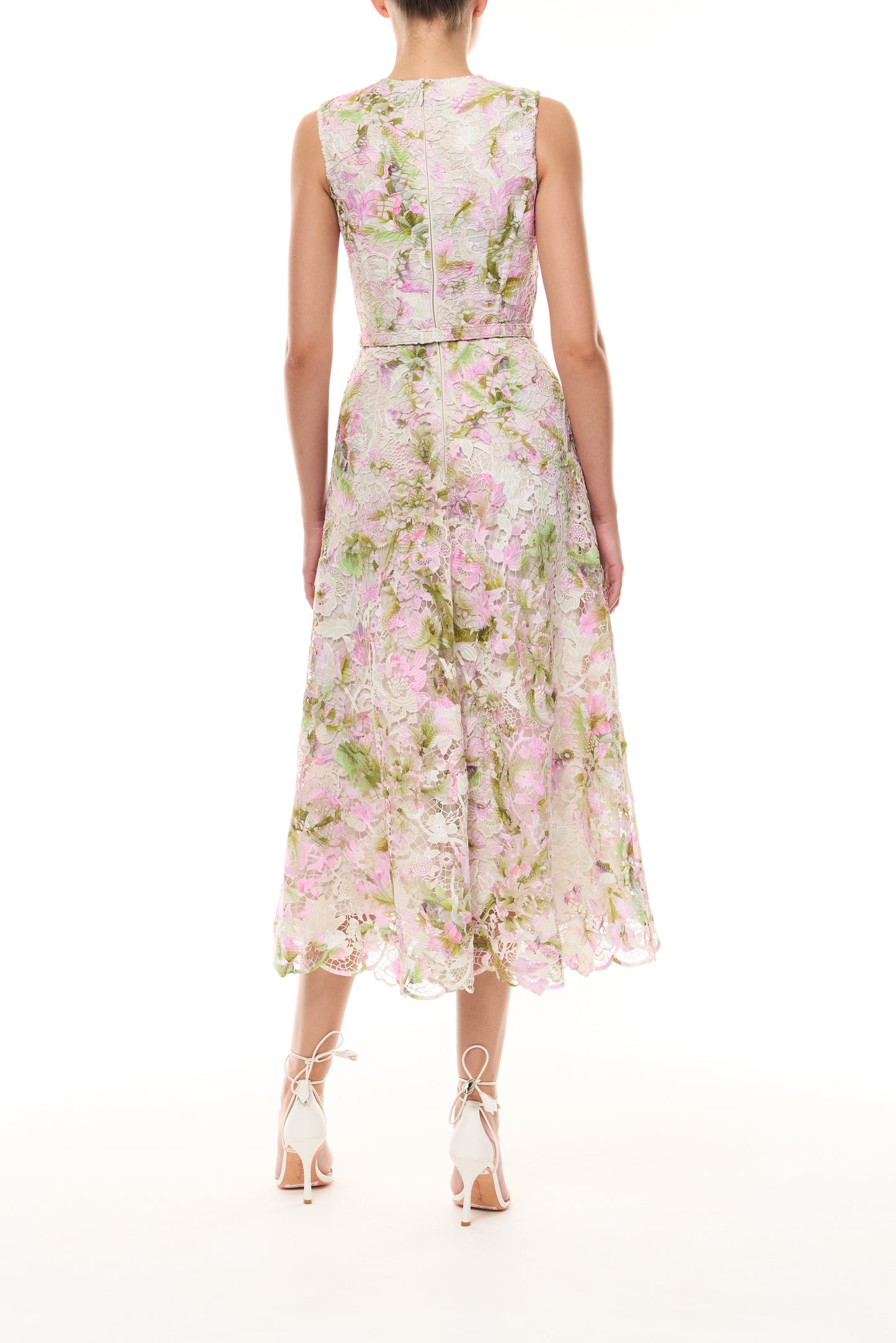 Monique Lhuillier Spring 2026 Carnation Multi Small Tulip Printed Lace Sleeveless dress with
belt - back.