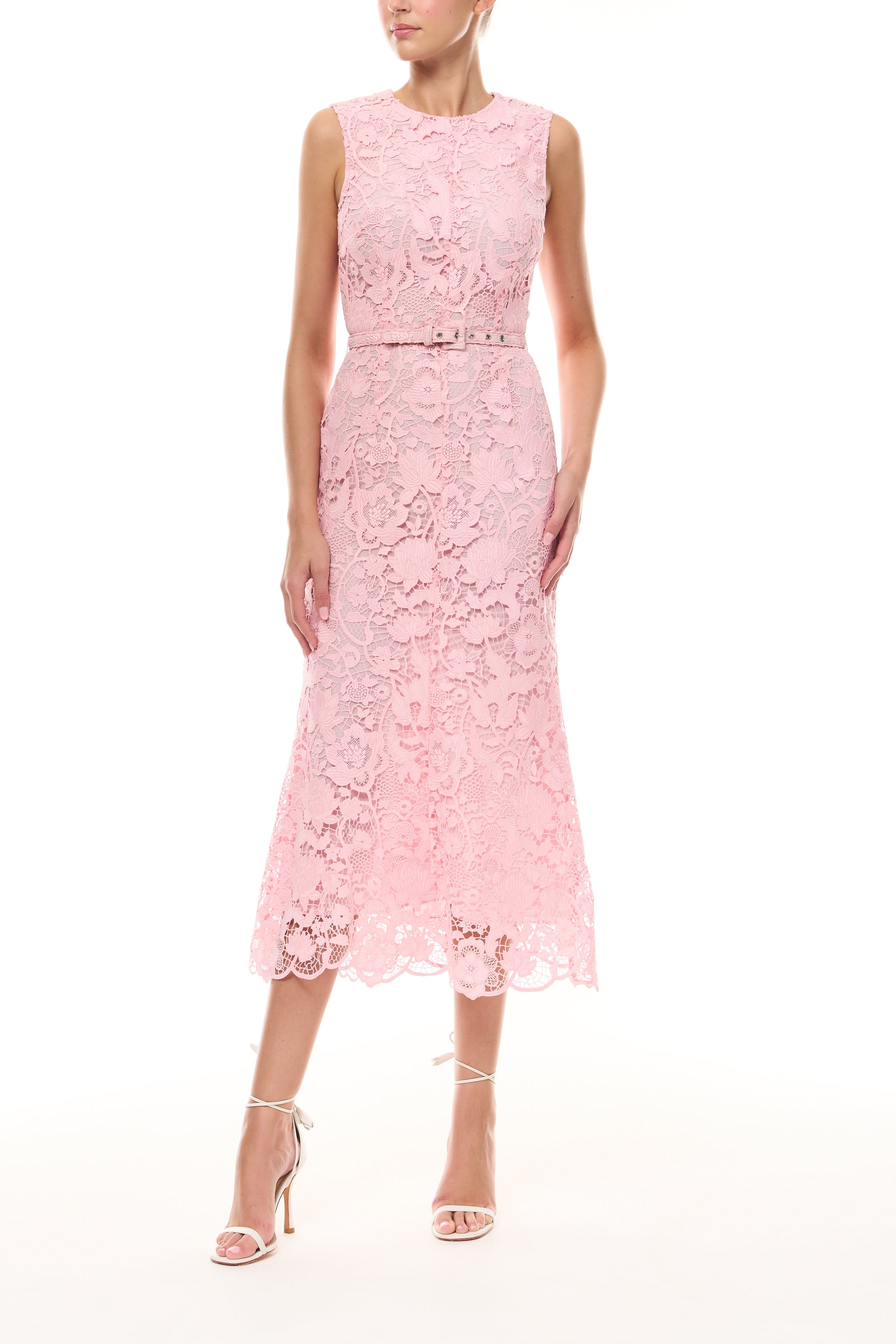 Monique Lhuillier Spring 2026 Carnation Floral Lace Sleeveless Midi dress with belt - front.