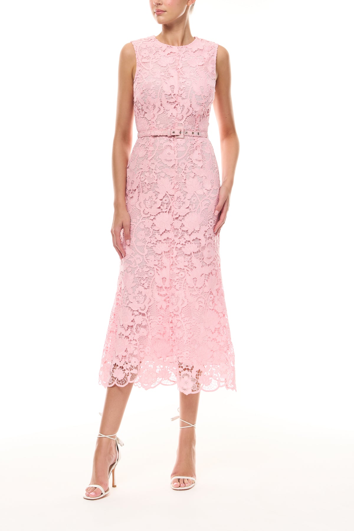 Monique Lhuillier Spring 2026 Carnation Floral Lace Sleeveless Midi dress with belt - front.