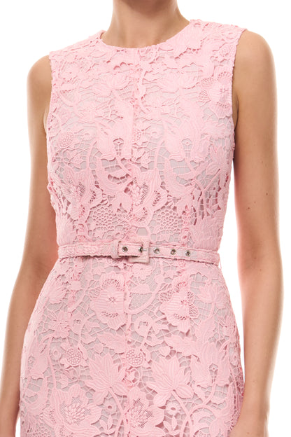 Monique Lhuillier Spring 2026 Carnation Floral Lace Sleeveless Midi dress with belt - fabric.
