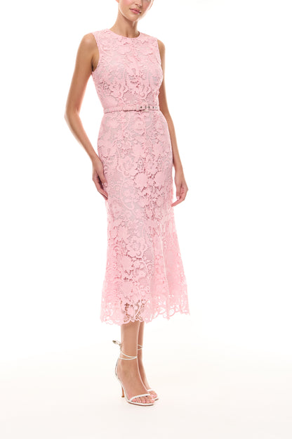 Monique Lhuillier Spring 2026 Carnation Floral Lace Sleeveless Midi dress with belt -side.