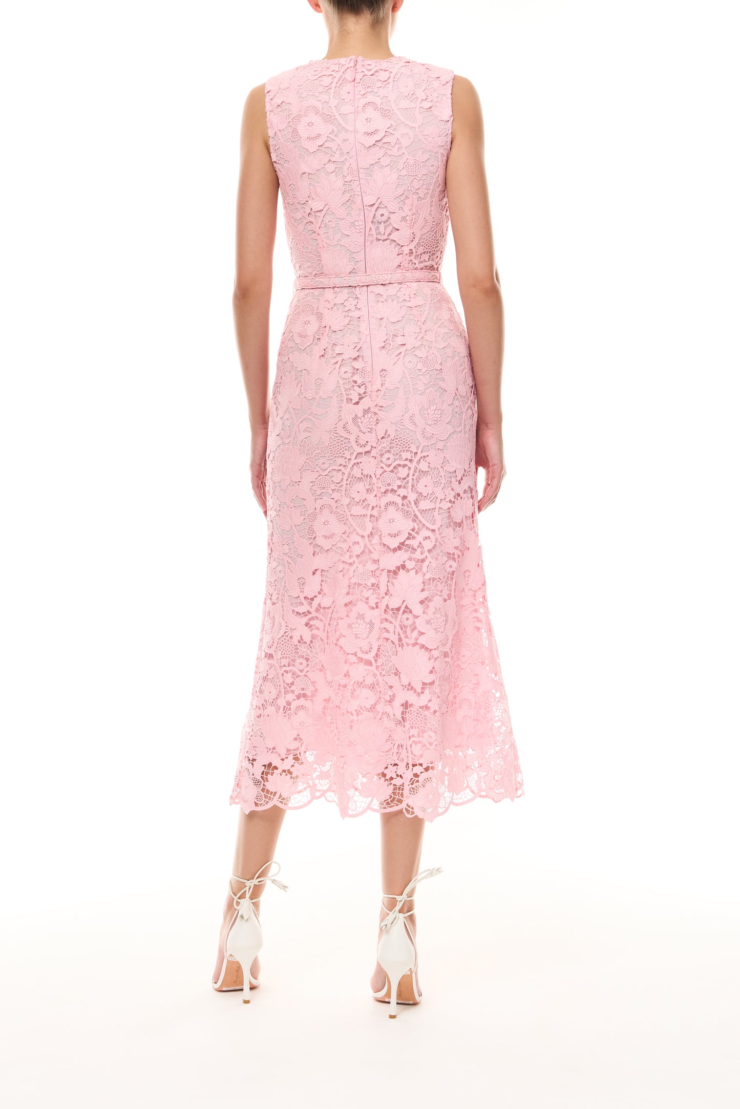 Monique Lhuillier Spring 2026 Carnation Floral Lace Sleeveless Midi dress with belt - back.