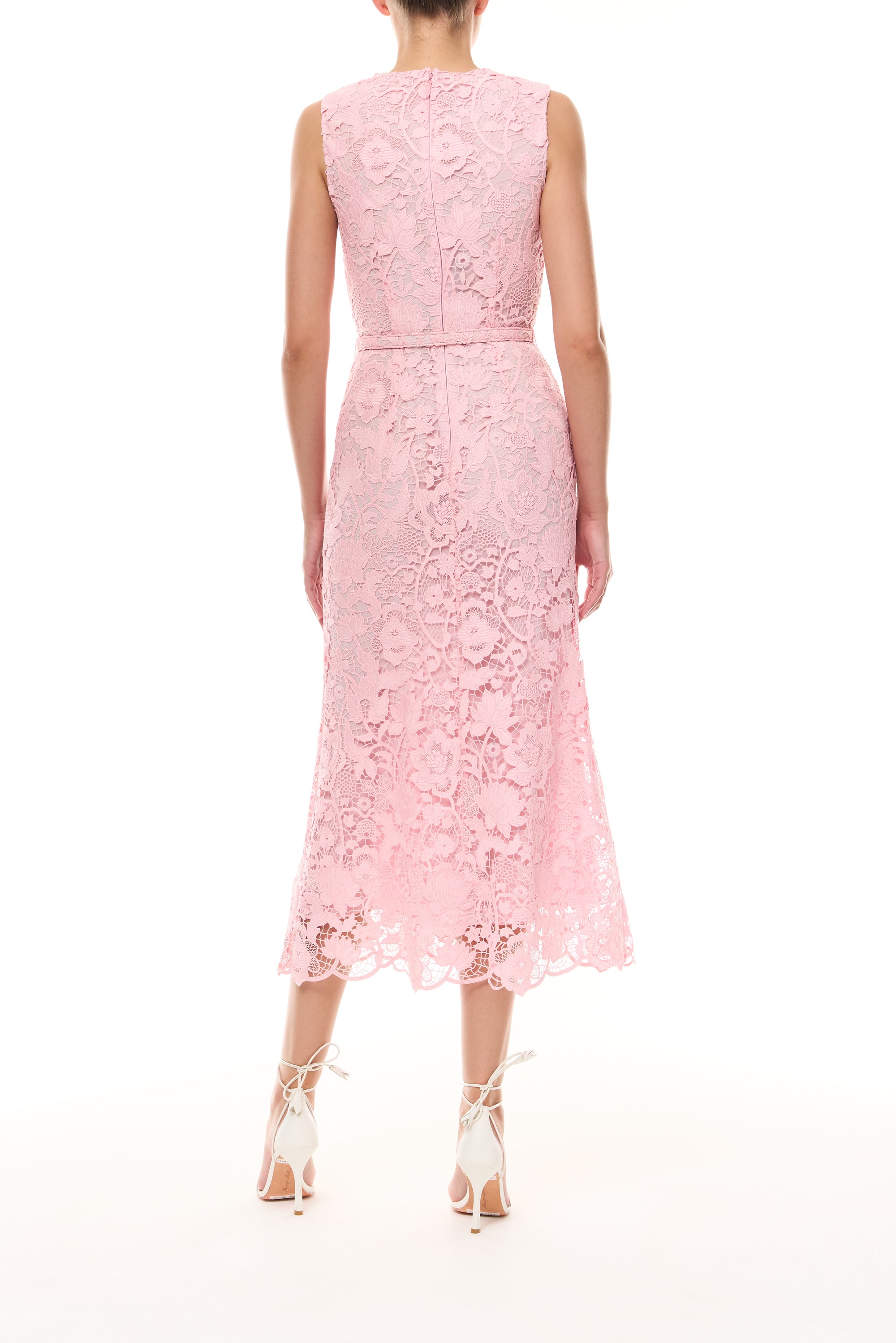 Monique Lhuillier Spring 2026 Carnation Floral Lace Sleeveless Midi dress with belt - back.