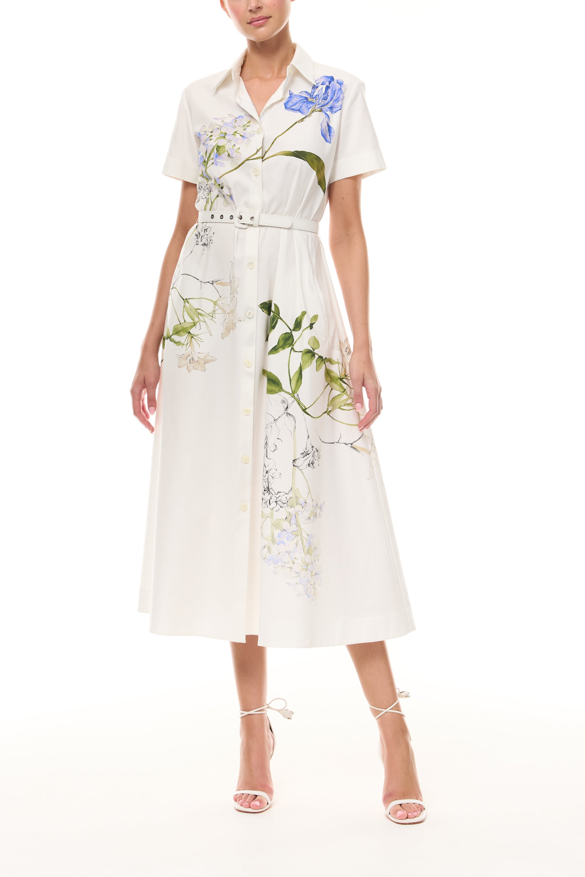 Monique Lhuillier Spring 2026 Silk White Multi Iris Bouquet Printed Cotton Poplin short-sleeved shirt dress with belt - front.
