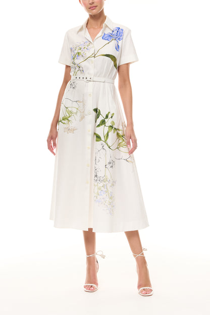 Monique Lhuillier Spring 2026 Silk White Multi Iris Bouquet Printed Cotton Poplin short-sleeved shirt dress with belt - front.