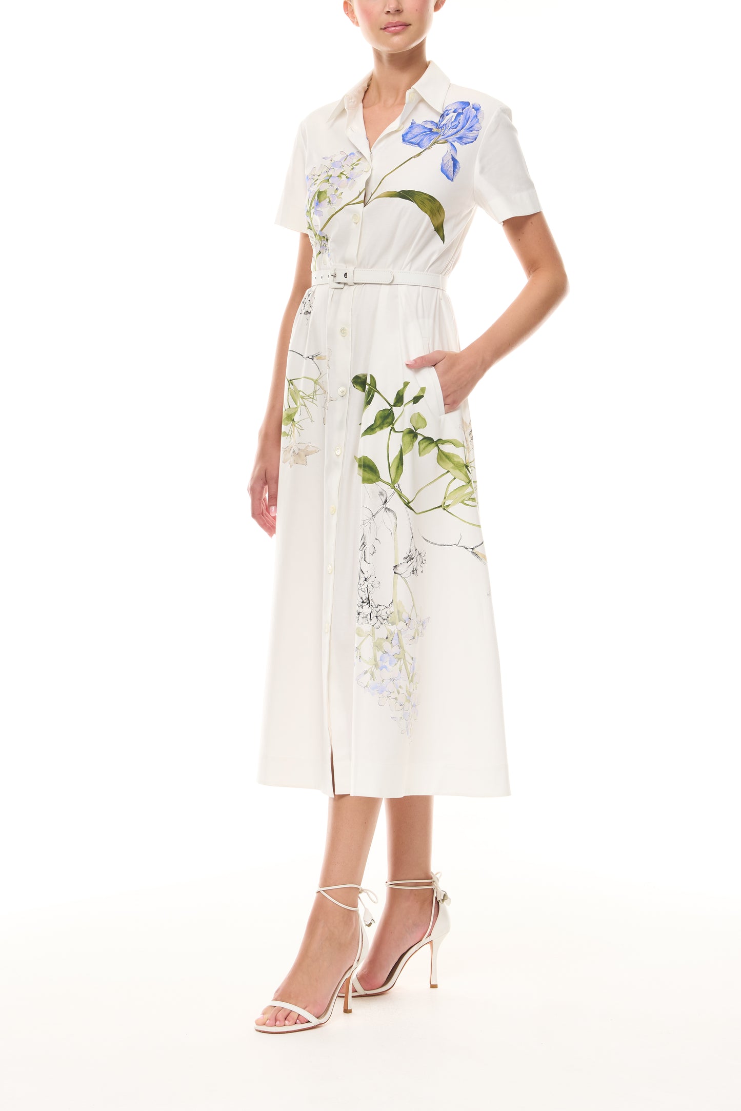 Monique Lhuillier Spring 2026 Silk White Multi Iris Bouquet Printed Cotton Poplin short-sleeved shirt dress with belt - side.