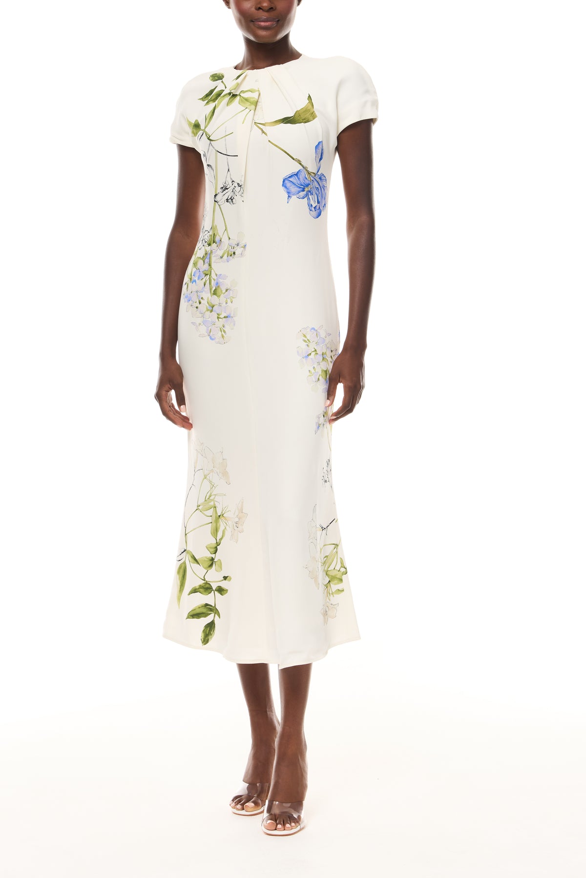 Monique Lhuillier Spring 2026 Ivory/Multi Iris Bouquet Printed Crepe Draped neckline cap sleeve dress - front.