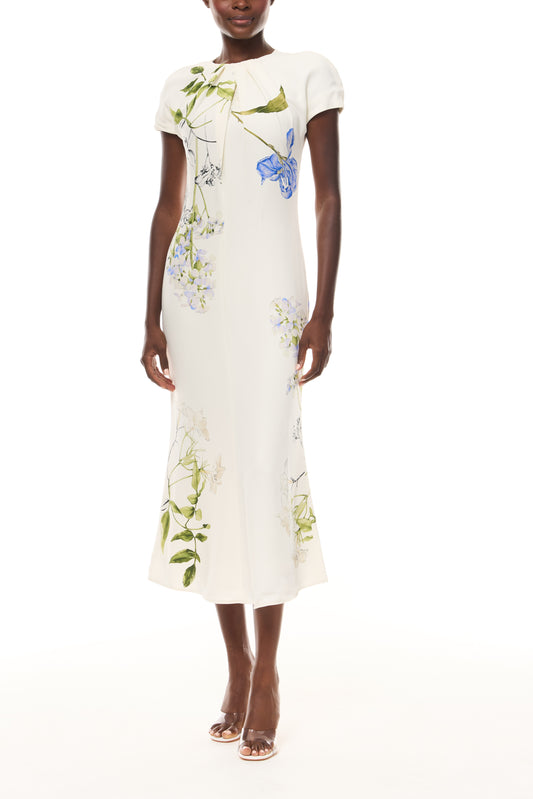Monique Lhuillier Spring 2026 Ivory/Multi Iris Bouquet Printed Crepe Draped neckline cap sleeve dress - front.