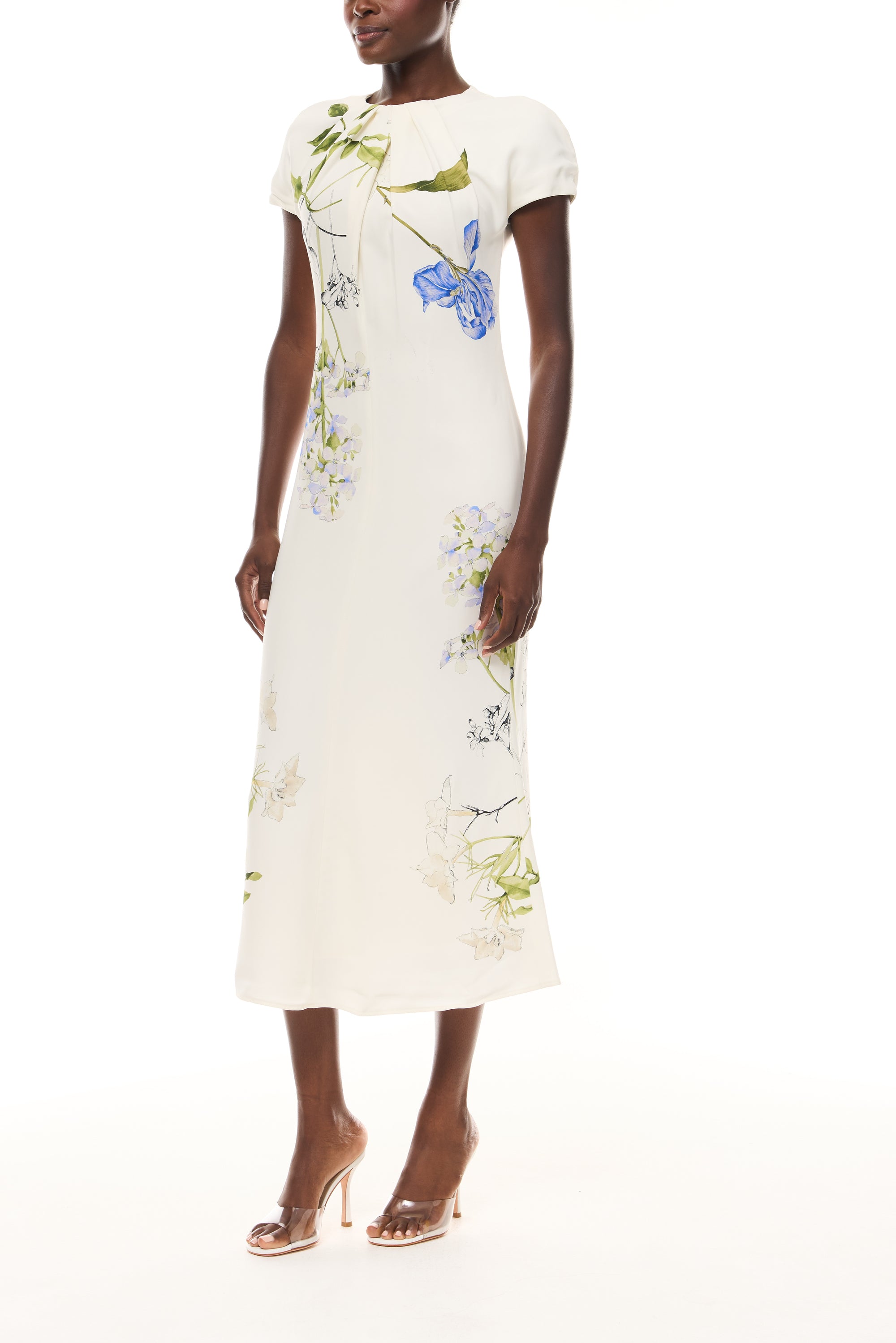Monique Lhuillier Spring 2026 Ivory/Multi Iris Bouquet Printed Crepe Draped neckline cap sleeve dress - side.