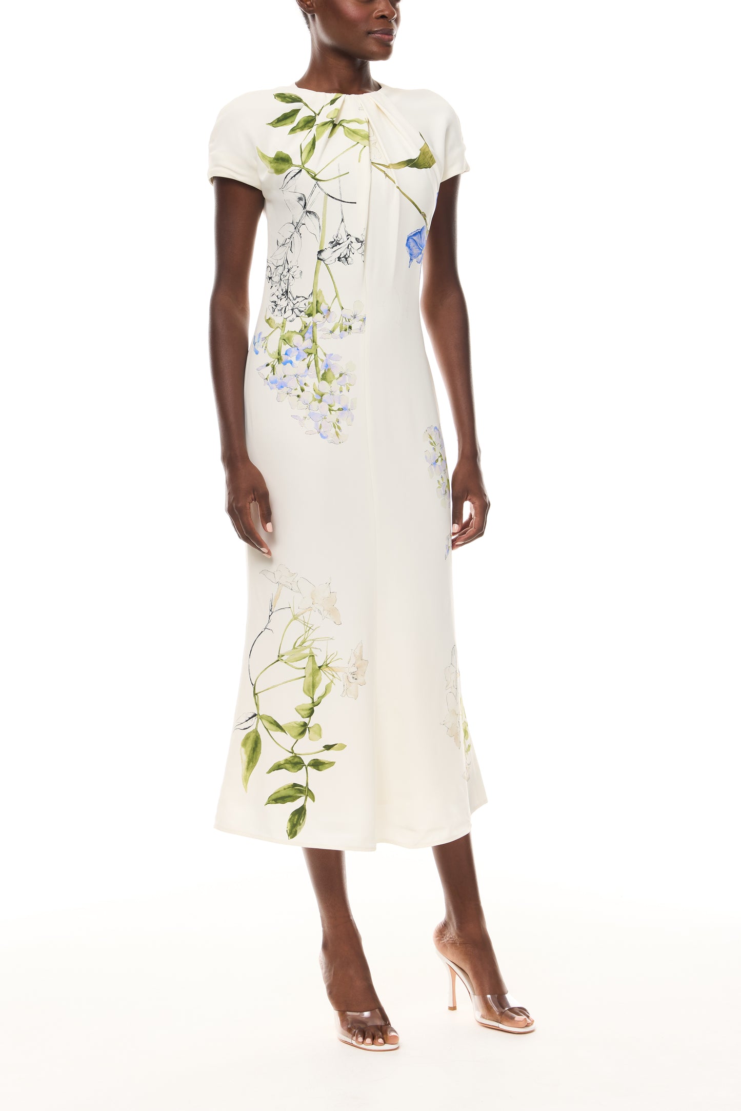 Monique Lhuillier Spring 2026 Ivory/Multi Iris Bouquet Printed Crepe Draped neckline cap sleeve dress - front.