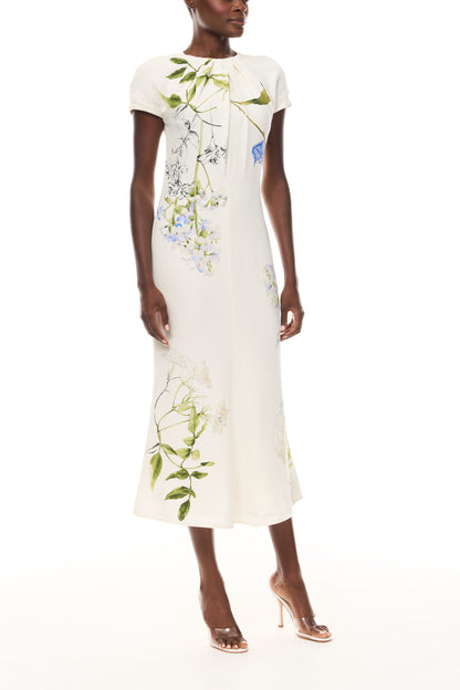 Monique Lhuillier Spring 2026 Ivory/Multi Iris Bouquet Printed Crepe Draped neckline cap sleeve dress - front.