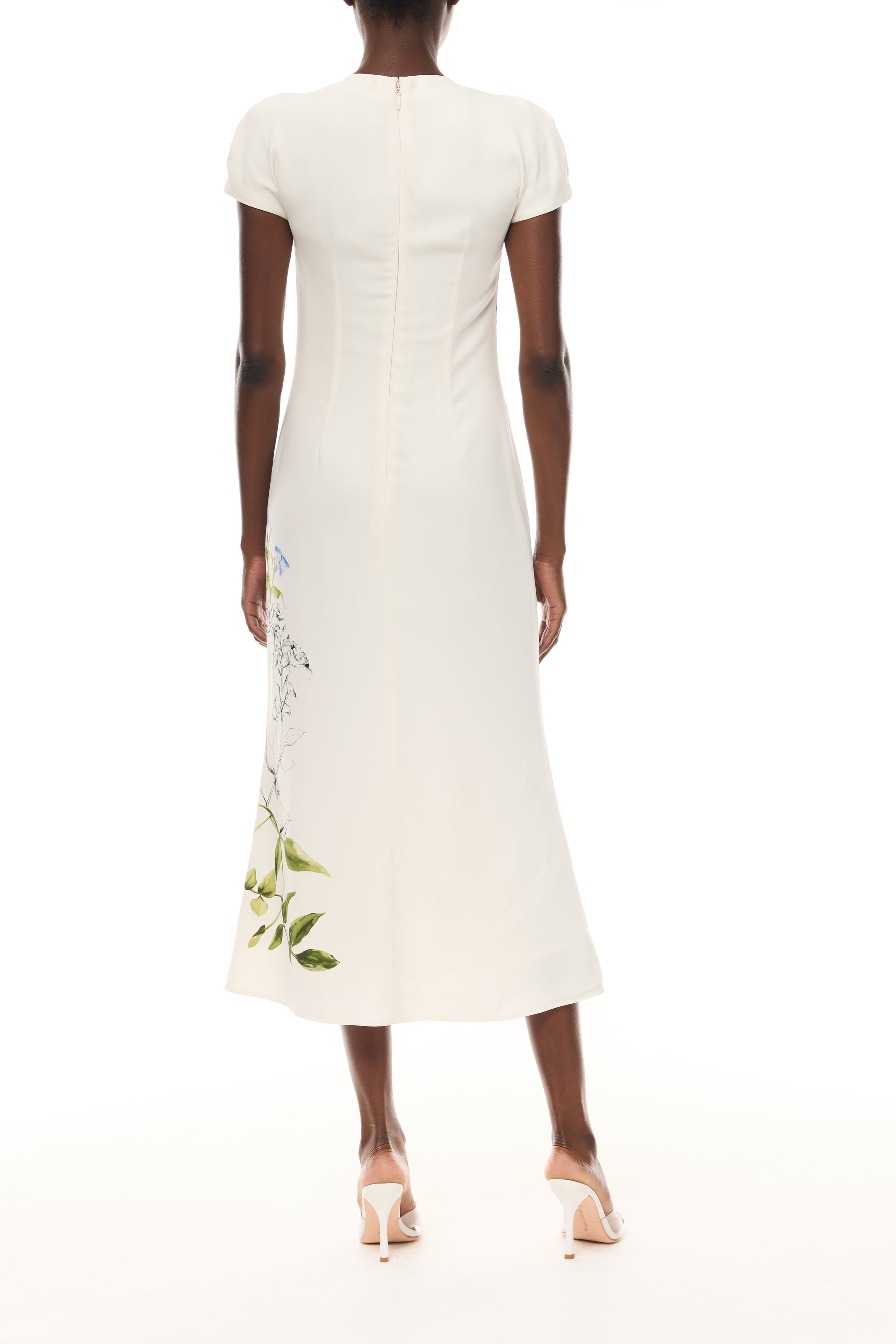 Monique Lhuillier Spring 2026 Ivory/Multi Iris Bouquet Printed Crepe Draped neckline cap sleeve dress - back.