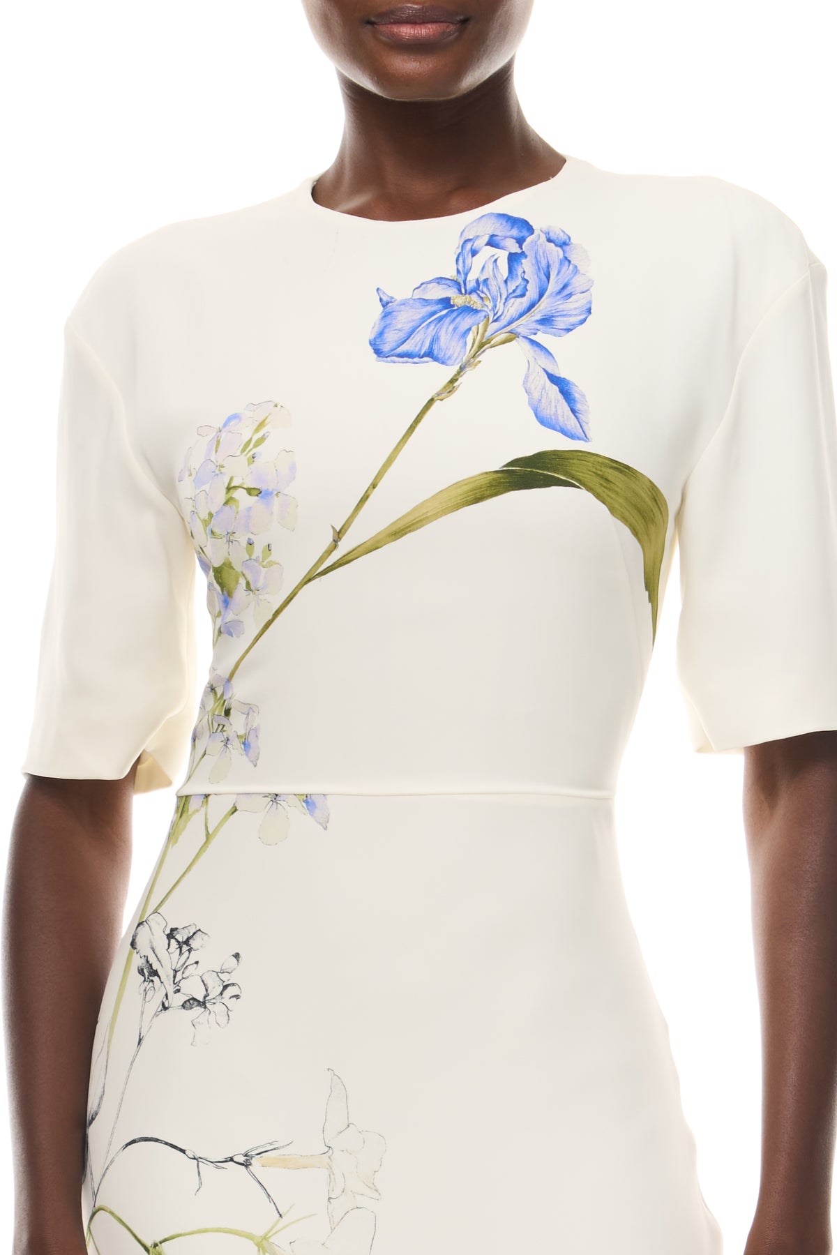 Monique Lhuillier Spring 2026 Ivory/Multi Iris Bouquet Printed CrepeShort sleeve bias gown - fabric.