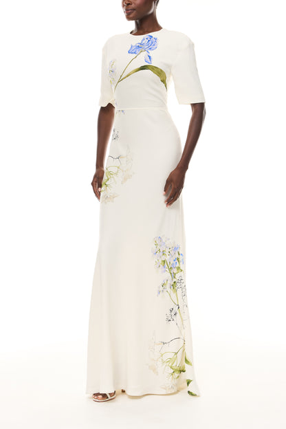 Monique Lhuillier Spring 2026 Ivory/Multi Iris Bouquet Printed CrepeShort sleeve bias gown - side.