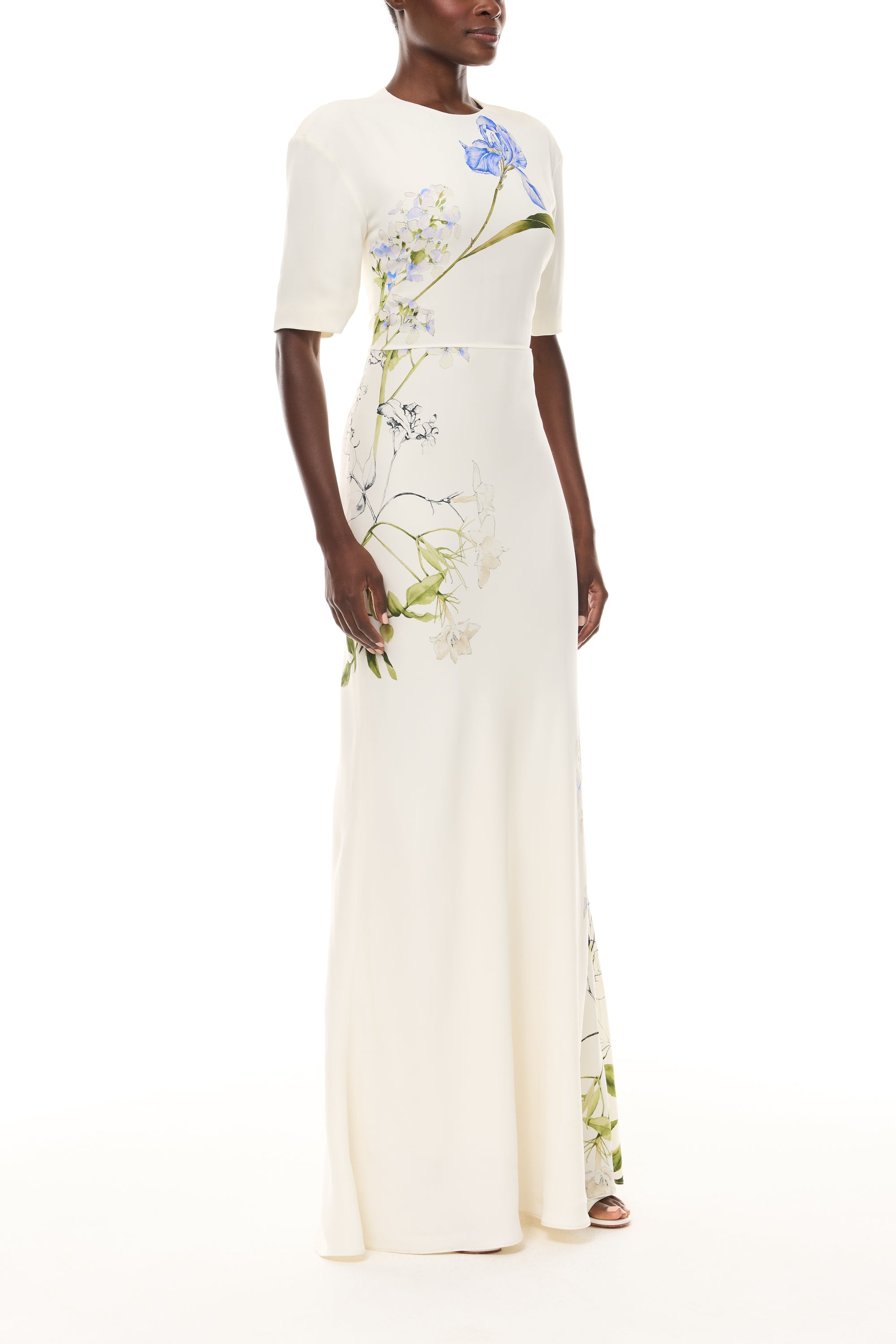 Monique Lhuillier Spring 2026 Ivory/Multi Iris Bouquet Printed CrepeShort sleeve bias gown - side.
