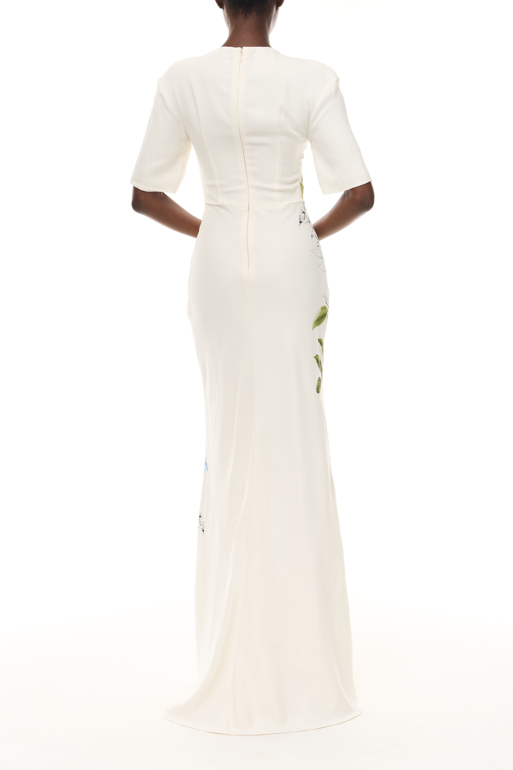 Monique Lhuillier Spring 2026 Ivory/Multi Iris Bouquet Printed CrepeShort sleeve bias gown - back.