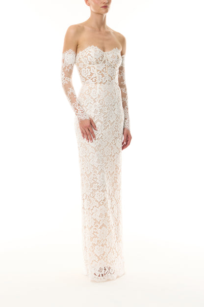 Monique Lhuillier Fall 2026  Silk White Peony Lace strapless column gown with lace Sloane sleeves - side.