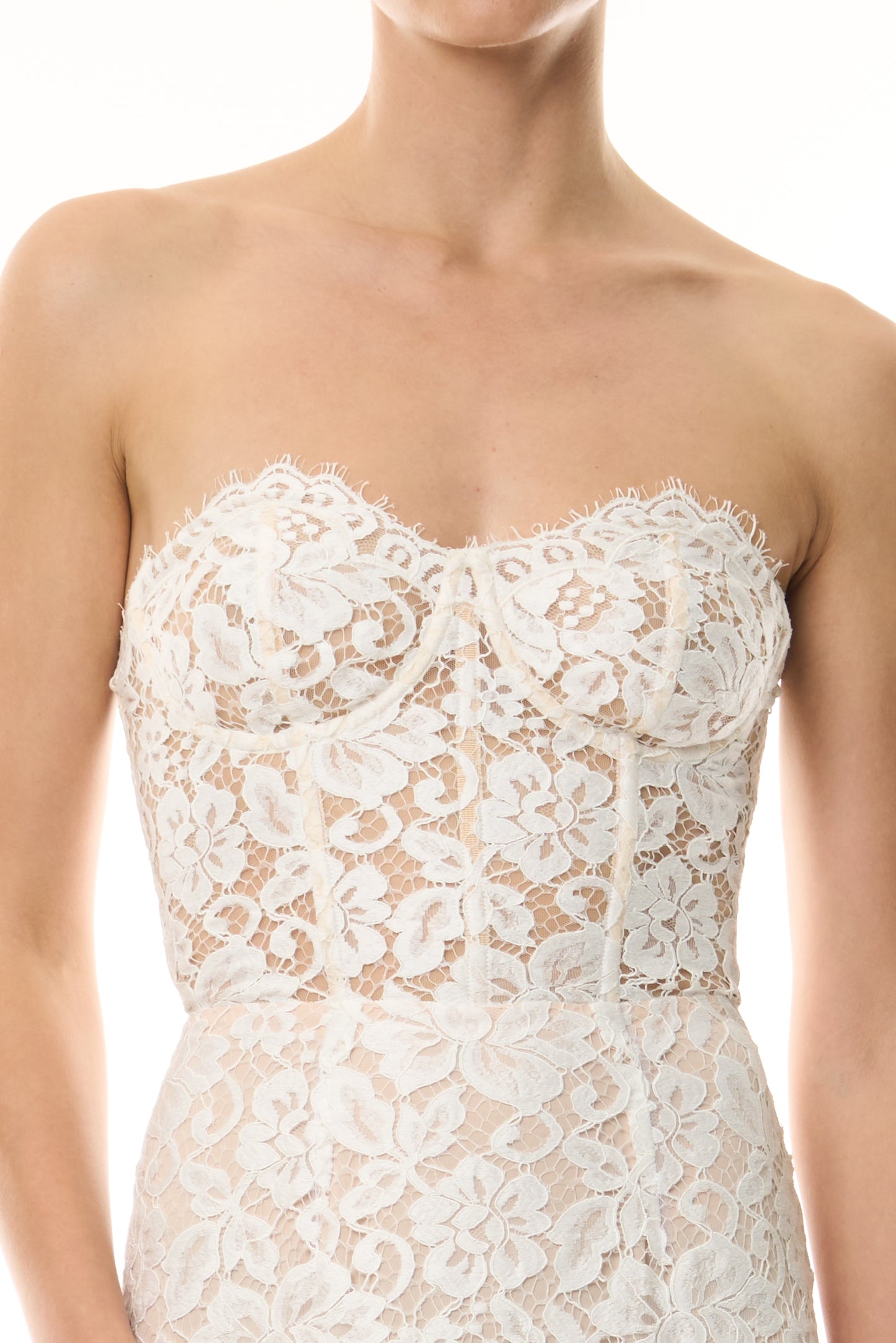 Monique Lhuillier Fall 2026  Silk White Peony Lace strapless column gown - fabric.