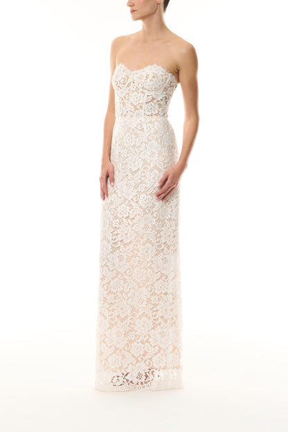 Monique Lhuillier Fall 2026  Silk White Peony Lace strapless column gown - side.